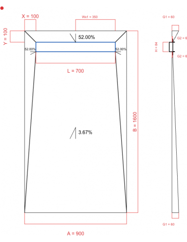 Receveur de douche à l'italienne Wiper 4 way 90 x 160 cm Line Premium Pure 70 cm Brushed, Thickness: 60 to 6 cm Outlet: 350 m