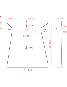 Showerbase Wiper 4 way 1270 x 1270 mm Line Premium Pure 900 mm Brushed, g1: 20 jusqu'au 6 mm Outlet: 450 mm, Waste Trap: H+M Dro