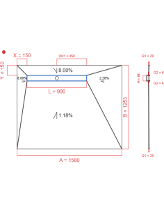 Showerbase Wiper 4 way 1580 x 1253 mm Line Premium Pure 900 mm Brushed, g1: 20 jusqu'au 6 mm Outlet: 450 mm, Waste Trap: H+M Dro