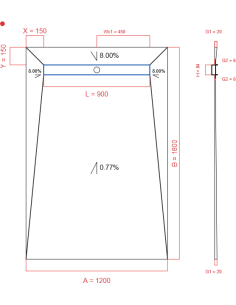 Showerlay Wiper 4 way 1200 x 1800 mm Line Premium Pure 900 mm Brushed, g1: 20 jusqu'au 6 mm Outlet: 450 mm, Waste Trap: H+M Drop