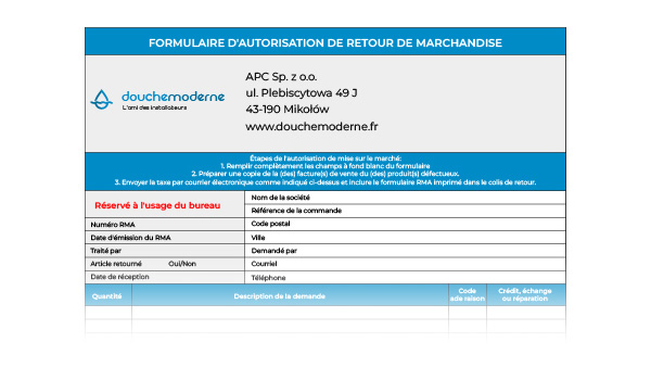 Formulaire RMA | Douchemoderne