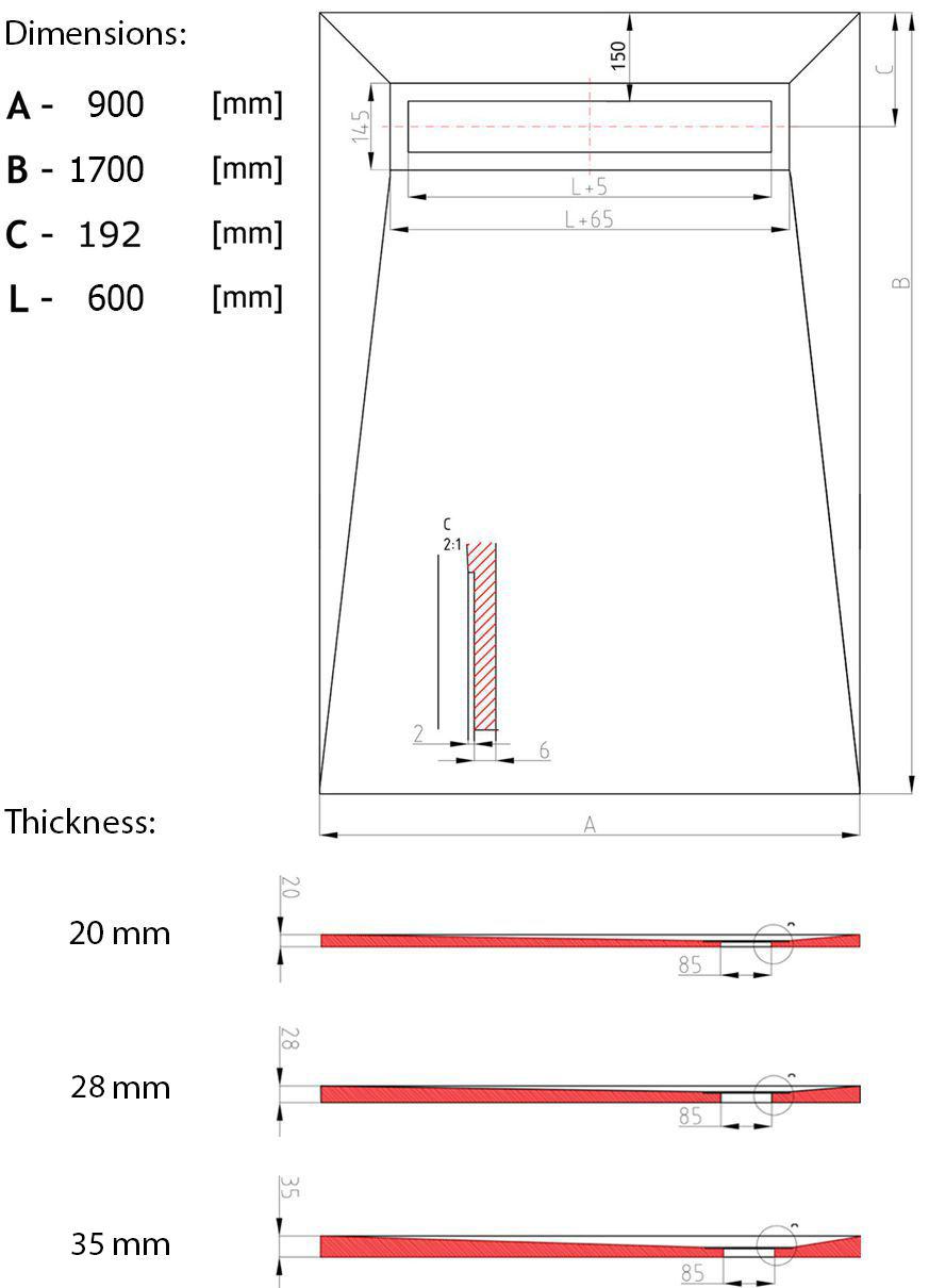 wet room kit 900 x 1700 technical drawing