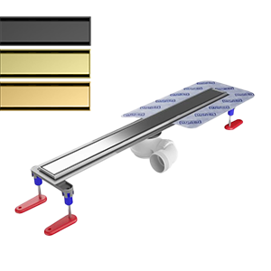 Versatile drain, with secondary drainage, height adjustable frame and PVD colour options